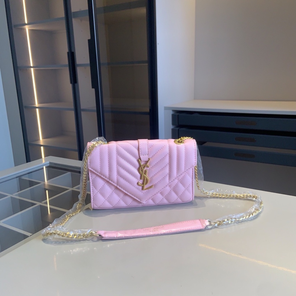 Yves Saint Laurent Pastel Pink Quilted Leather Chain Crossbody With Gold Logo